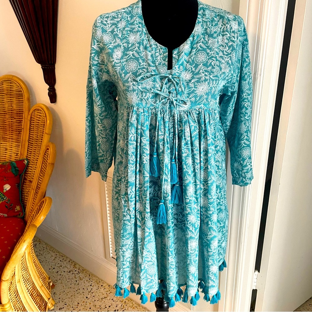 RO’S GARDEN Cotton Print Mini Loose Dress! Turquoise & White! Ties & Tassels Sm